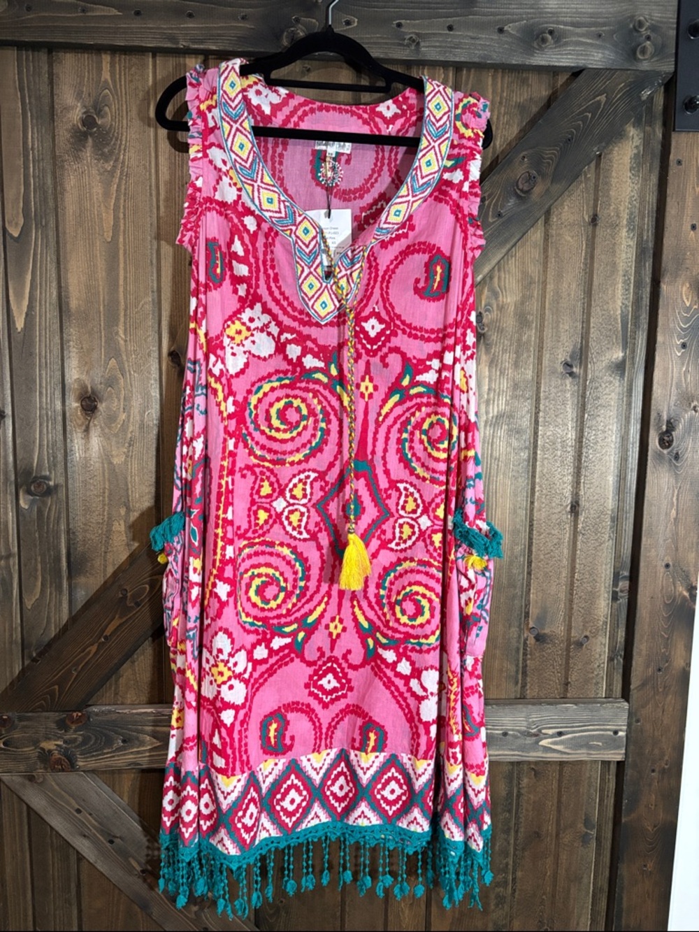 epson Pink Multicolor Sleeveless Midi Dress with Teal Tassel Trim